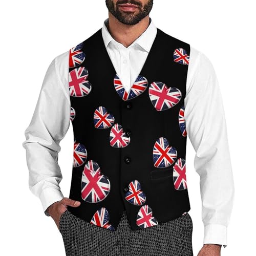 UK Great Britain Heart Flag Mens Slim Fit Suit Vest Dress Waistcoat Casual Business Vest
