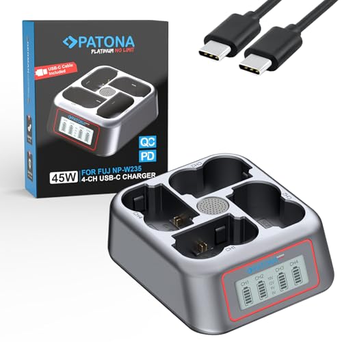 PATONA Platinum USB-C PD & QC 4-krotna szybka ładowarka do akumulatorów NP-W235 – 45 W, 4-kanałowa funkcja ładowania, kompaktowa konstrukcja, kompatybilna z Fujifilm X-T4 X-T5 X-H2 X-S20 GFX-50S GFX
