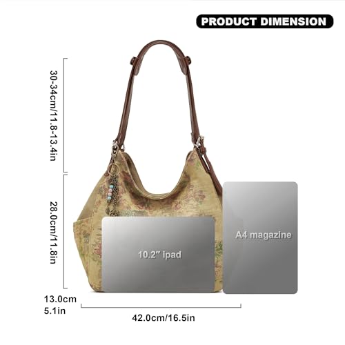 Image of Worldlyda Women Canvas Hobo Purse Multi Pocket Tote Shopper Shoulder Bag Casual Top Handle handbag with Embroidery Ethnic
