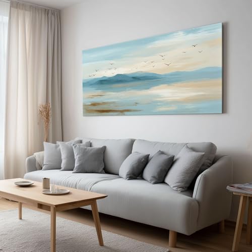 Impression sur toile marine pour salon moderne grand format 140x70cm oiseaux abstraits