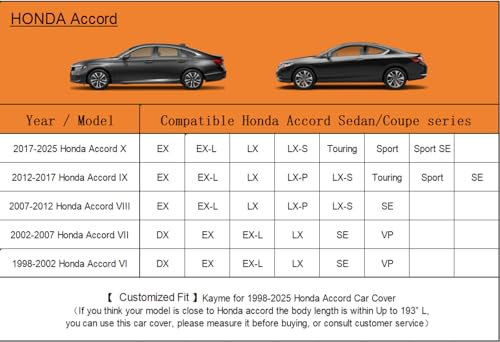 Image of Kayme 6 Layers Car Cover Custom Fit for Honda Accord Sedan /Coupe (2001-2025) Waterproof All Weather for Automobiles, Outdoor Full Cover Rain Sun UV Protection with Zipper Cotton /Silver