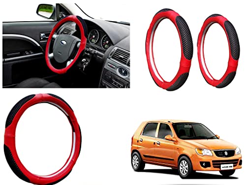 Image of Microfiber Car Steering Wheel Cover, Soft Padding Great Hand Feel, Anti-Slip, Faux Leather Steering Cover for Maruti Suzuki Alto K10 Old | Black Red Jali - Pack of 1