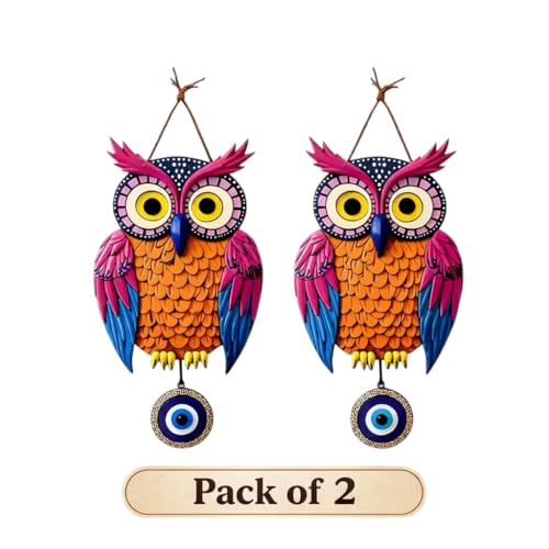 Image of Pack of 2 Owl Evil Eye Wall Hanging Decor | Colorful Wooden Nazar Protection Charm for Home, Entrance & Living Room | Vastu & Feng Shui Hanging (Owl Evil Eye)