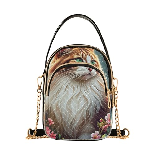 Cute Cat Flowers Women Shoulder Handbag Pastel Cell Phone Purse Chain Strap Quilted Zipper Designer Bowler Tote