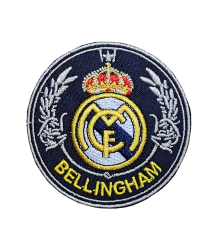 Parche Con Escudo de Equipo de Fútbol y Nombre de Jugador, para Planchar o Coser, 1 Unidad Termoadhesiva Bordada de 7cm de Diámetro, Madrid, Bellingham