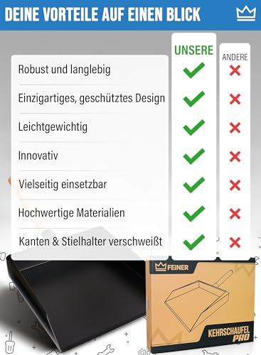 FEINER® | Kehrschaufel PRO® TM - 3160 | Robustes Kehrblech | Metall | Schwarz Pulverbeschichtet | Schaufel | Haus – Hof – Garten | Handwerk – Baustelle | Industrie- Handel.