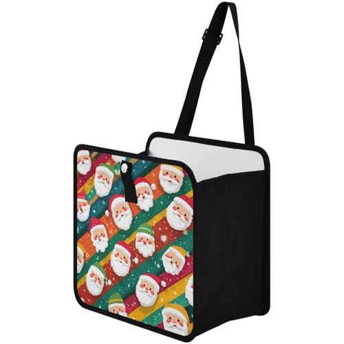 Image of Car Trash Can Organizer Bin with Adjustable Strap for Back Front Seat Console Waterproof Leakproof Collapsible Portable 8.66 Inch Colorful Diagonal Striped Santa Claus