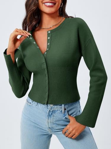 Image of Saodimallsu Womens Cropped Sweaters Cardigan | Button Down,Long Sleeve,V Neck,Ribbed Knit,Slim Fit ,Pullover Crop Tops