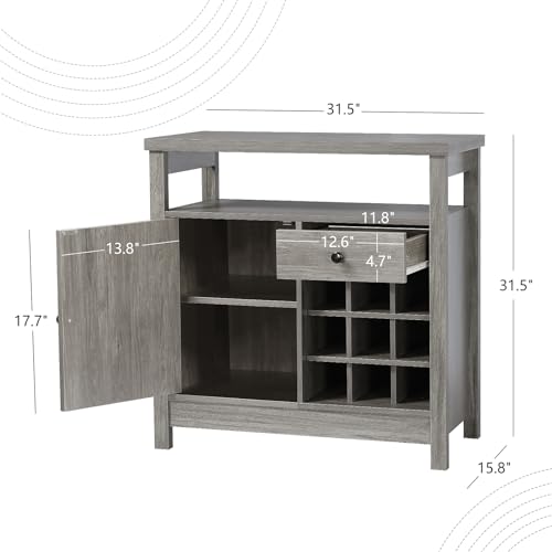 HOMBCK Wine Bar Cabinet, Farmhouse Coffee Bar Cabinet with Storage, Liquor Cabinet Bar for Home with Wine Rack, Kitchen Buffet Sideboard with Barn Door and Shelf, Wash Grey - Thumbnail 2