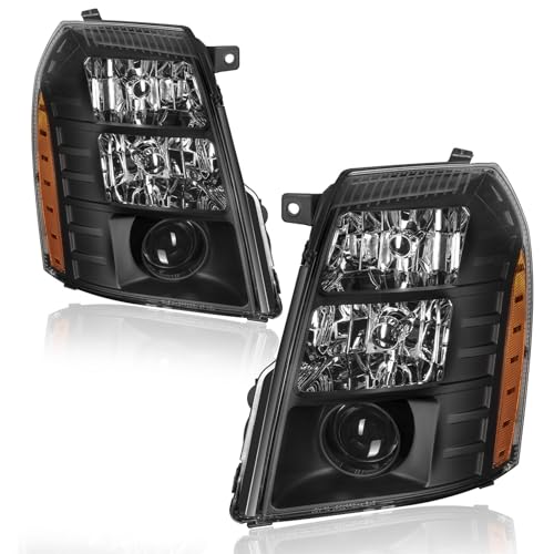 Fullux Headlight Assembly Compatible with 2007-2014 Cadillac Escalade/2007-2014 Escalade ESV/2007-2013 Escalade EXT Left and Right Side Replacement Headlamp Black Housing Amber Reflector