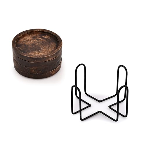 Image of SAMHITA Mango Wood Coasters for Drinks with Iron Holder Stand Set of 5 for Drinking Glasses, Tabletop Protection for Any Table Type