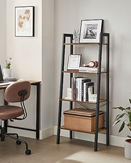VASAGLE Ladder Shelf, Bookshelf, 4-Tier Industrial Storage Rack for Living Room, Bedroom, Kitchen, Rustic Brown and Black LLS44X