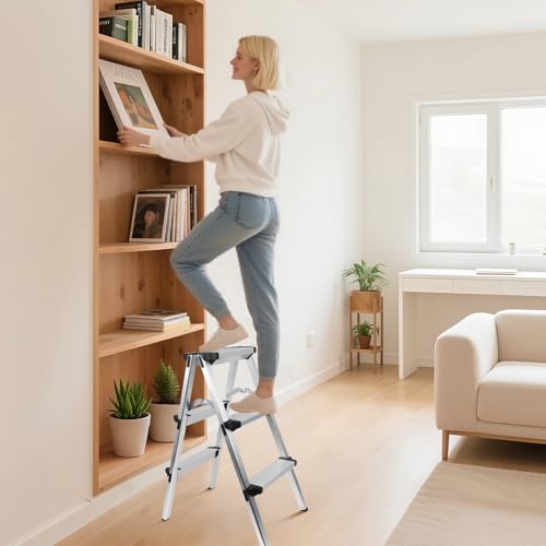 kisidus Trittleiter 2 x 3 Stufen, Alu Klapptritt, Stehleiter beidseitig begehbar, Haushaltsleiter bis 150 kg belastbar, Stufenleiter, Mehrzweckleiter, Silber