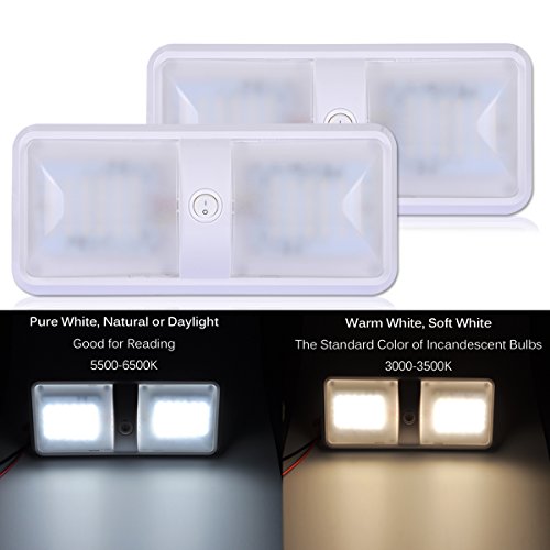 AutoEC 2 Pack Leisure LED RV Ceiling Double Dome Light Fixture - 2 Color Mode RV Interior Lighting with ON/OFF Switch 1000LM for Trailer Camper Boat(Warm White 3000-3500K & Natural White 6000-6500K)