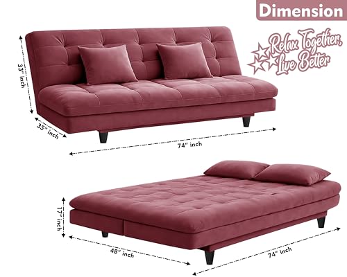 Image of Rosebell Modern Three Seater Sofa Cum Bed Foldable Velevt Fabric Sofa, Soft Foam Seating, Stylish Design for Living Room, Guest Room & Office - Rose Pink Color