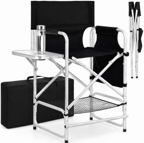 AQNIEGEP Makeup Chair for Makeup Artist 41' Tall Folding Directors Chair Makeup Artist Chair for Clients Directors Chair with Side Table Cup Holder Footrest Bags 400 lbs Load