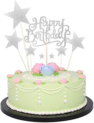 1 PCS Birthday Cake Decoration Happy Birthday Handmade Black Cake Topper and 7 PCS Pentacle Stars Cake Toppers Decoration for Party Decoration by Seasonsky (Silver)