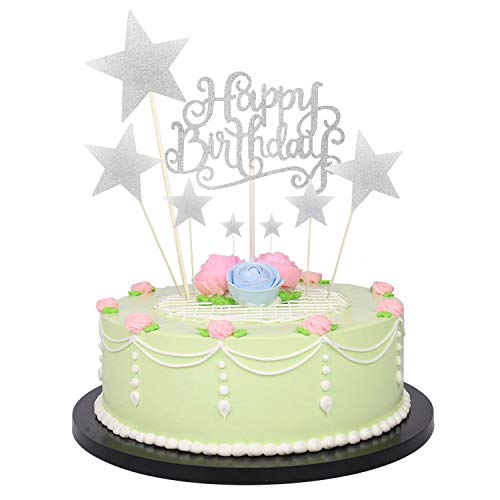 1 Pcs Birthday Cake Decoration Happy Birthday Handmade Black Cake Topper And 7 Pcs Pentacle Stars Cake Toppers Decoration For Party Decoration By Seasonsky (Silver) #TOP3