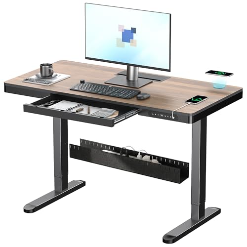 Electric Standing Desk with Drawer and Wireless Charging, 48 Inch Sit Stand Desk with USB Charging Station, Hidden Cable Management Tray, Height Adjustable Computer Desk for Home Office, Walnut