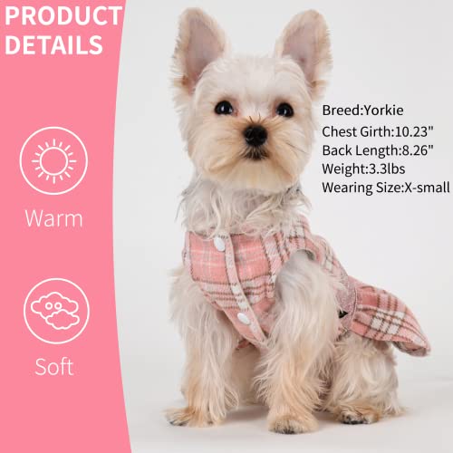 Plaid Dog Dress, Winter Dog Dress, Fleece Lining, Warm Dog Clothes For Small Dogs Girl, Pet Outfits Coat, Cat Apparel For Holiday, Valentines Day,X-Smal,Pink #TOP2