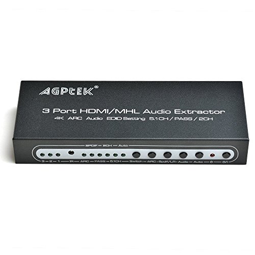 AGPTEK Extracteur Audio Switch HDMI Splitter 4K avec MHL, Arc, by-Pass, EDID, 5.1CH/2CH, IR Support Full HD 1080P, 3D (Audio Extracteur 3 * 1 4K Arc)