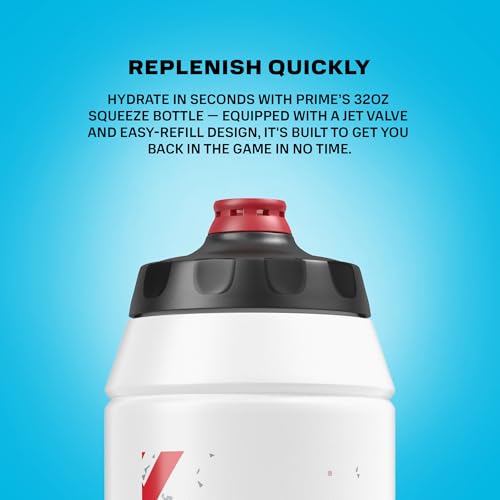 Image of PRIME 32 oz Red & Black Graphic Squeeze Sports Water Bottle, BPA Free, Dishwasher Safe, Easy-Grip Ergonomic Leakproof Design, Fast Hydration for Gym, Cycling, Running