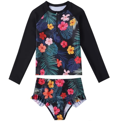Image of Valcatch Girls Rash Guard Set 2 Piece Long Sleeve UPF 50+ Quick Dry Swimsuit with Ruffle Shorts