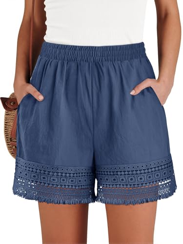 BETTE BOUTIK Women's Cotton Summer Shorts Flowy Linen Comfort Elastic Waist Baggy Lounge Shorts Dressy Casual Fashion Cute Loose Chic Beach Shorts with Pockets Blue L