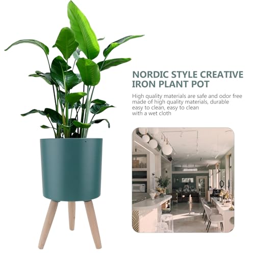 Pot à fleurs en fer bleu avec support bois robuste pour plantes de maison