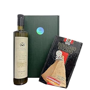 Oleum Comitis – Extra vierge olijfolie – 100% Italiaans koud extract – geschenkdoos met 750 ml fles en Parmigiano Reggiano Cantarelli 1876 gekruid 24 maanden tot 1 kg