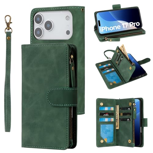 RANYOK Wallet Case Compatible with iPhone 17 Pro Case, with 6 Card Holder RFID Blocking, PU Leather Zipper Flip Wallet Pocket, Kickstand, Wrist Strap | Protective Phone Cover for 17 Pro,Black Green by RANYOK - Used condition - US$5.60