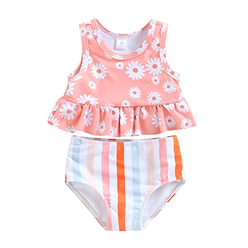 Baby Girl Swimsuit Sleeveless Flower Print Bowknot Crop Top Shorts Ruffle Hat Bikini Summer Swimwear 3Pcs (Pink, 6-12 Months)