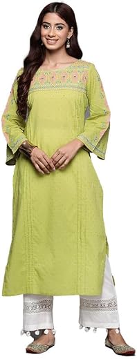 Varanga Women Embellished Kurta | Cotton | Round Neck | 3/4 Sleeve | Calf Length|Casual &amp; Festive