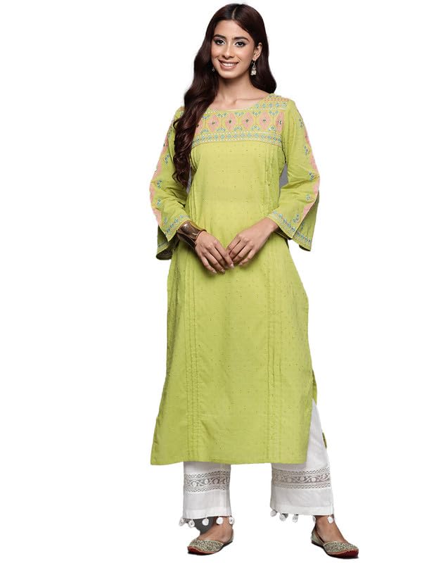 Varanga Women Lime Green Embellished Round Neck Straight Kurta, Thread & Sequins Work, Flared Sleeve, Side Slit, Stylish & Comfortable Ethnic Wear (Extra Large)
