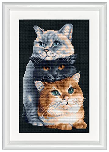 Image of Counted Cross Stitch Kit - DSB015 - Three Cats - Black Aida - 10.2 x 7.1 Inch - DIY for Adults