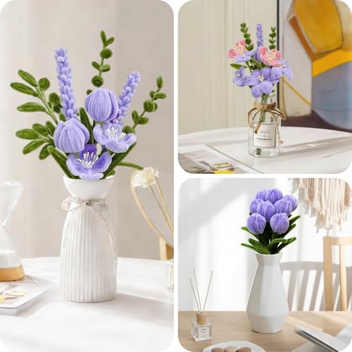Pfeifenreiniger Blumen Set, 300 Stück Pfeifenputzer zum Basteln, Pfeifenreiniger zum Basteln, mit Grüne Bastelfaden, Klebeband, Geschenkpapier für Blumenstrauß DIY, Violett