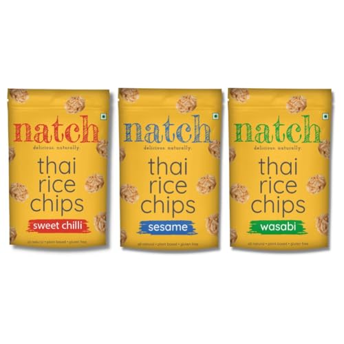 Image of natch Thai Sticky Rice Chips Variety Pack, Healthy Snacks 100% natural, Vegan, Gluten Free, Sesame, Wasabi & Sweet Chilli Flavour,600 gram (Pack Of 6)