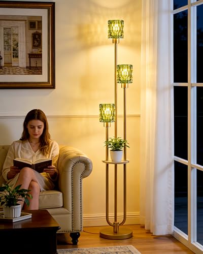 Image of Lightdot 3-Lights Glass Floor Lamp for Living Room Modern Gold Floor Lamp with Green Glass Shade for Wedding /Party Farmhouse Tall Standing Lamp with 5Lb Heavy Base for Bedroom /Sofa Beside /Corner Decor