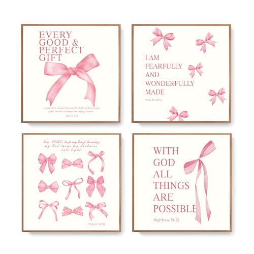 Image of LARTSFRO Coquette Pink Bow Wall Art Decor Posters, Pink Bow Christian Room Bathroom Bedroom Dorm Wall Art Decor Aesthetic for College Teen Girls Gifts, Inspirational Bible Verses Bow Wall Decor, 8x8 Inch Set of 4 Pcs Bow Pictures (UNFRAMED)