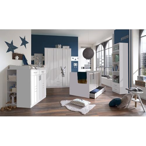Lomadox Babyzimmer Kinderzimmer komplett Set mit Wickelkommode Kleiderschrank, Wickelkommode, Unterbauregal, Babybett, Bettschubkasten, Regal in weiß