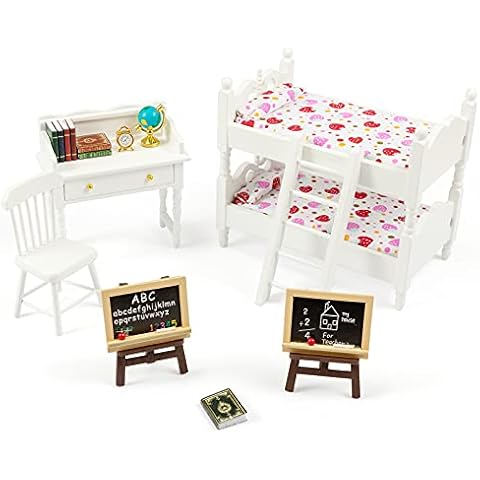 SAMCAMI Miniature Dollhouse Furniture 1 12 Scale - Wooden Dollhouse Bed Set - Doll House Furniture Toys Incl Doll Bed, Desk, Books, blackboards and Other Dollhouse Accessories Cover