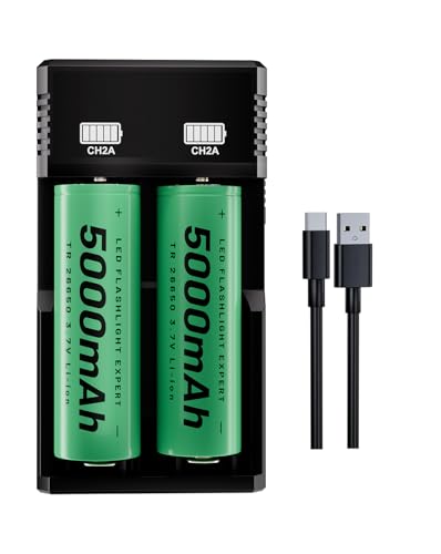 2-Slot 26650 Battery Charger Flap Top Set for Flashlights Universal 3.7V Batteries Charger for 18650 26650 16340 21700(No Suitable for nimh & Other 1.5V Batteries)