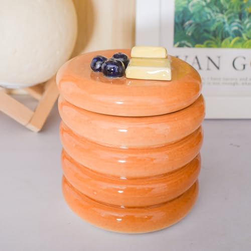 Image of Pancake Stack Ceramic Jar with Lid | Cute Handmade Kitchen Storage Canister | Faux-Food Whimsical Style | Lead-Free Clay