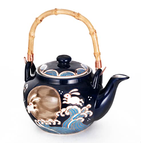 Hinomaru Collection Japanese Style Moon Rabbit Design 25 Fl Oz Ceramic Teapot With Rattan Handle And 4 Tea Cups Set #TOP4