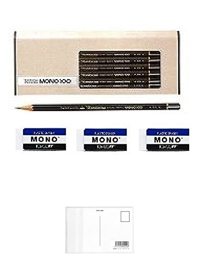 トンボ鉛筆 鉛筆 MONO モノ100 2B 1ダース MONO-1002B 【MONO消しゴム 大 3個セット PE-04A】+ 画材屋ドットコム ポストカードA