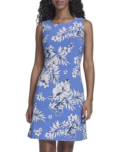 Tommy Hilfiger Women's Sleeveless Crew Neck Floral Print Jersey Shift Dress, French Blue Multi, 4