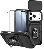 Dechyi Cover per IPhone 17 Pro 6.3 Pollici con Vetro Temperato Custodia con Scorrevole Protezione Fotocamera Custodia Rotante Anello Supporto Antiurto TPU Bumper Custodie-Nero