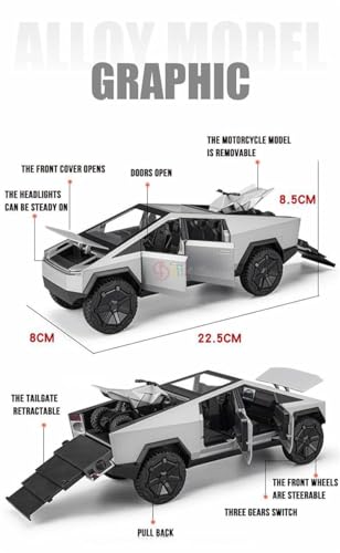 Image of 1:24 Scale Tesla Cybertruck Model Car with Box, Zinc Alloy Pull Back Toy car with Sound and Light for Kids Boy Girl Gift [Colors as Per Stock]
