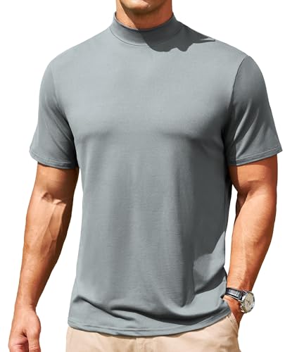 Mens Mock Turtleneck Short Sleeve Soft Basic T-Shirts Solid Pullover Tops
