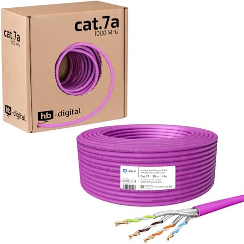hb-digital 25m Cable de red CAT.7a Cable de instalación LAN AWG 23 Cobre puro S/FTP PiMF LSZH Cable de instalación Ethernet libre de halógenos RoHS Cable de datos PoE 10Gbit/s máx. 1200MHz